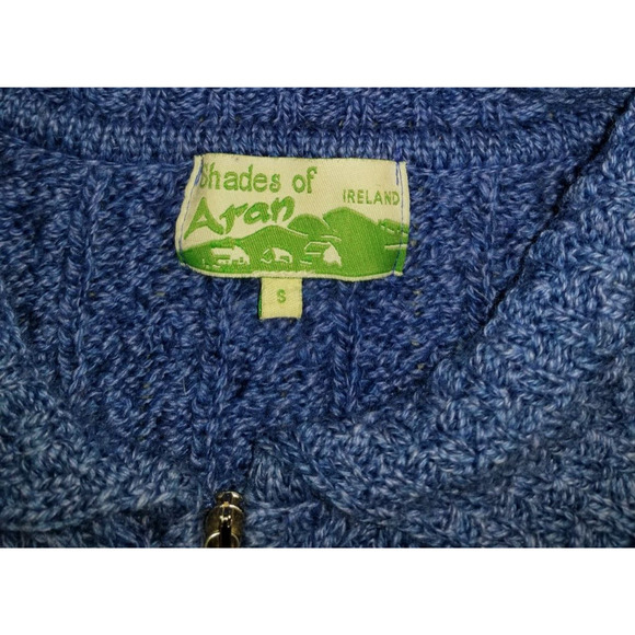 Womens Sweater-SHADES OF ARAN-IRELAND-blue cableknit merino wool zip cardigan-S - Picture 4 of 4